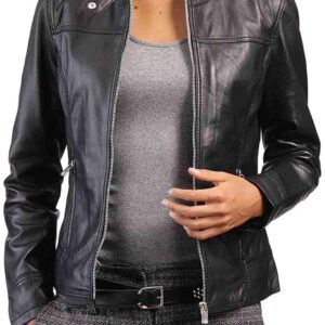 Womens Snap Tab Black leather Jacket