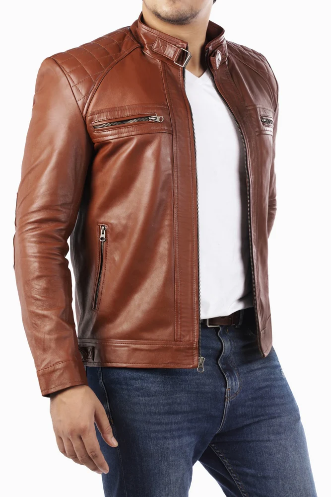 Mens Casual Brown Leather Jacket - Image 3