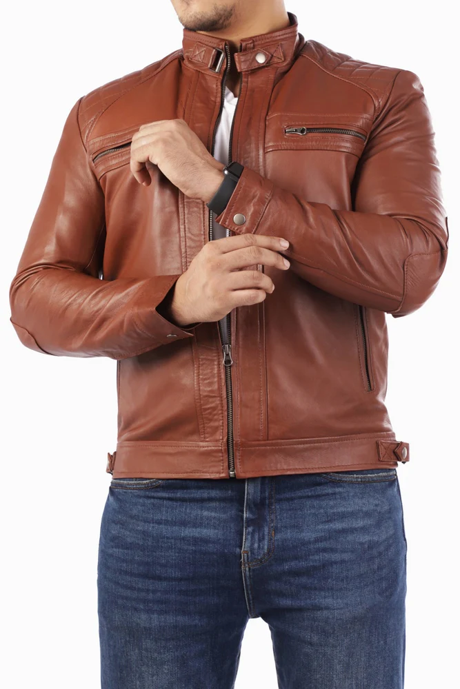 Mens Casual Brown Leather Jacket - Image 4