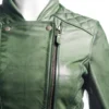 Womens Slim FIt Diamond Quilted Leather Biker Jacket Green - Image 2