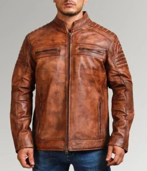 Mens Waxed Sheepskin Fashion Leather Jacket Brown