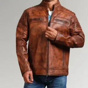 Mens Waxed Sheepskin Fashion Leather Jacket Camel Brown