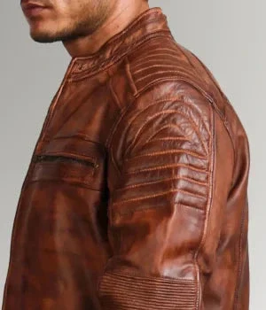 Mens Waxed Sheepskin Fashion Leather Jacket Brown