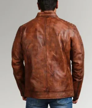Mens Waxed Sheepskin Fashion Leather Jacket Brown