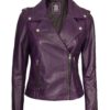 Womens Short Fitted Leather Motorcycle Jacket Purple - Image 4