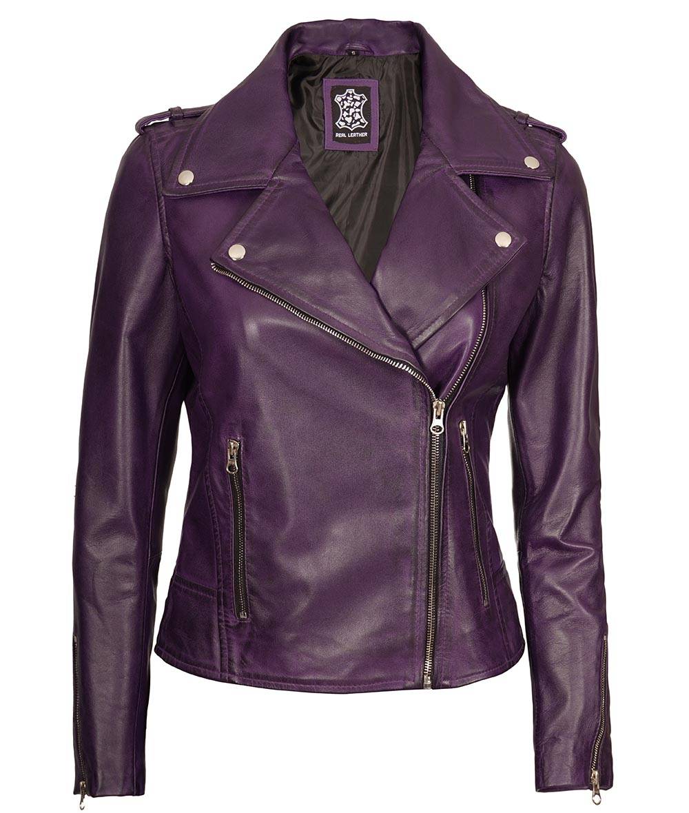Womens Short Fitted Leather Motorcycle Jacket Purple - Image 4