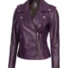 Womens Short Fitted Leather Motorcycle Jacket Purple