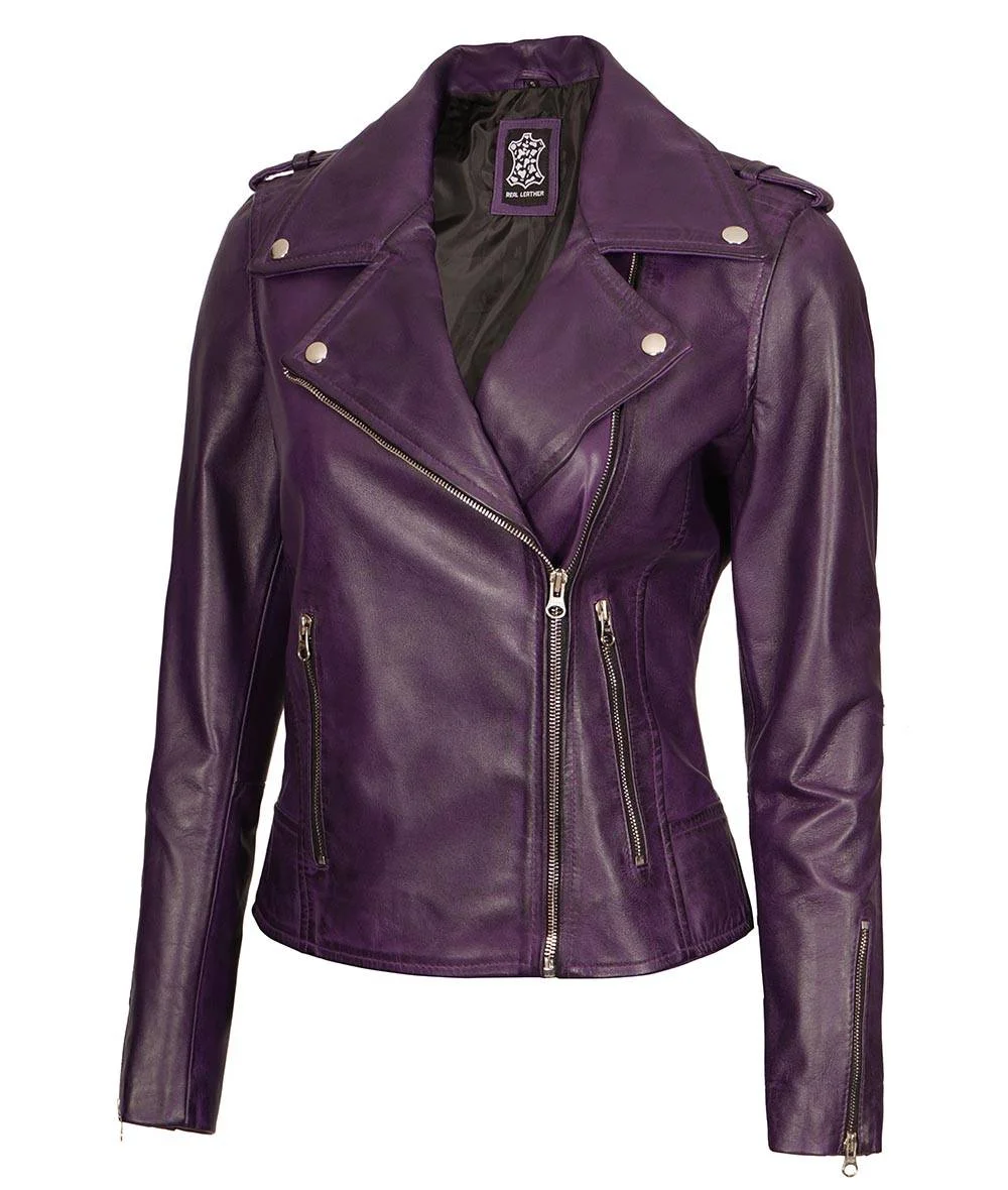 Womens Short Fitted Leather Motorcycle Jacket Purple