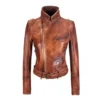 Womens Vintage Style Leather Motorcycle Jacket Tan Brown