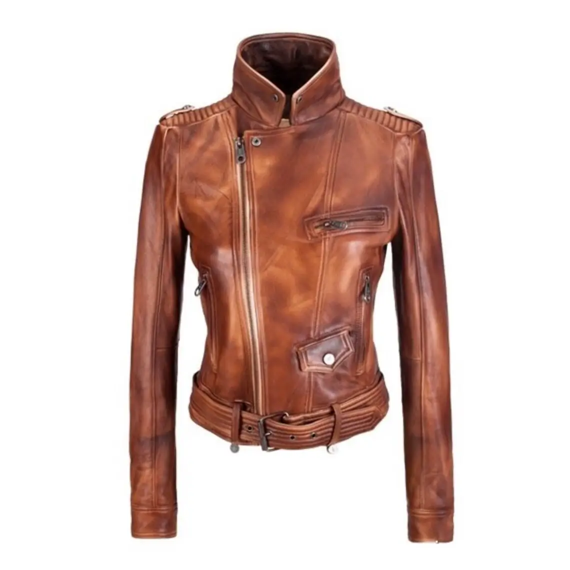 Womens Vintage Style Leather Motorcycle Jacket Tan Brown