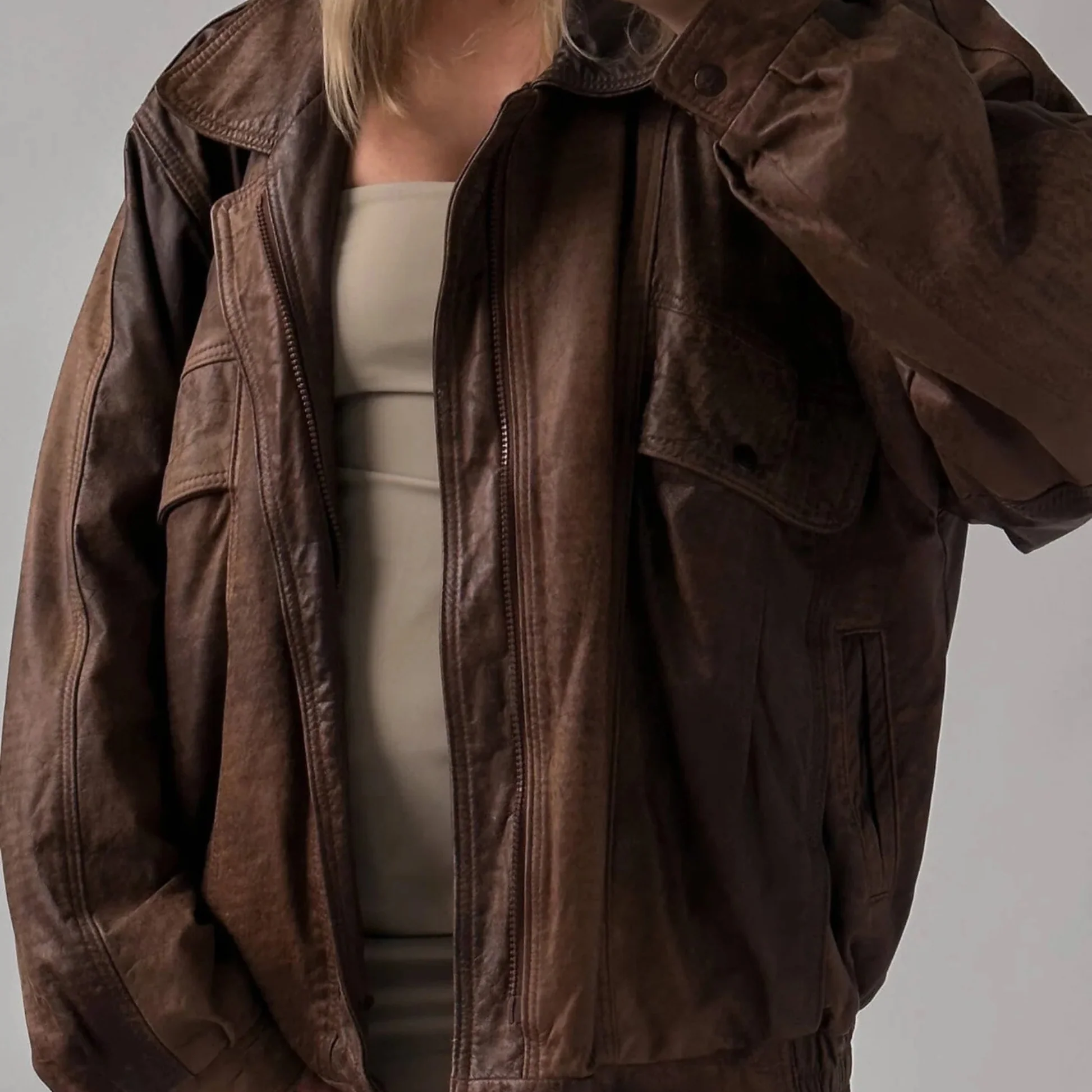 Women's Oversize Vintage Brown Bomber Handmade Real Leather Jacket