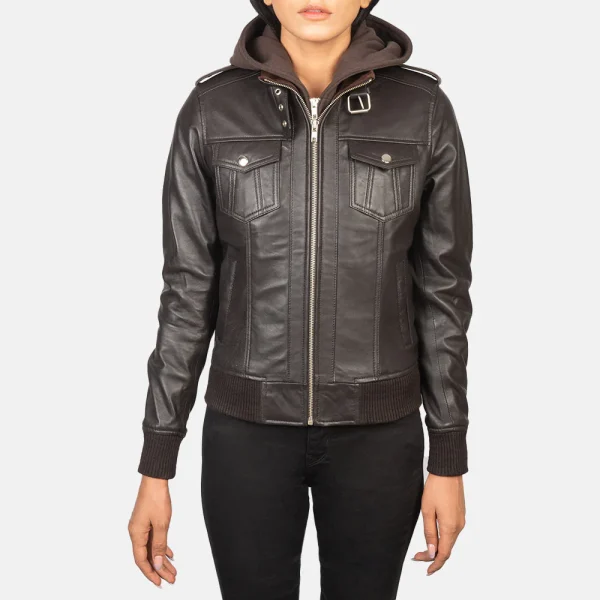 Women's Brown Hooded Leather Bomber Jacket