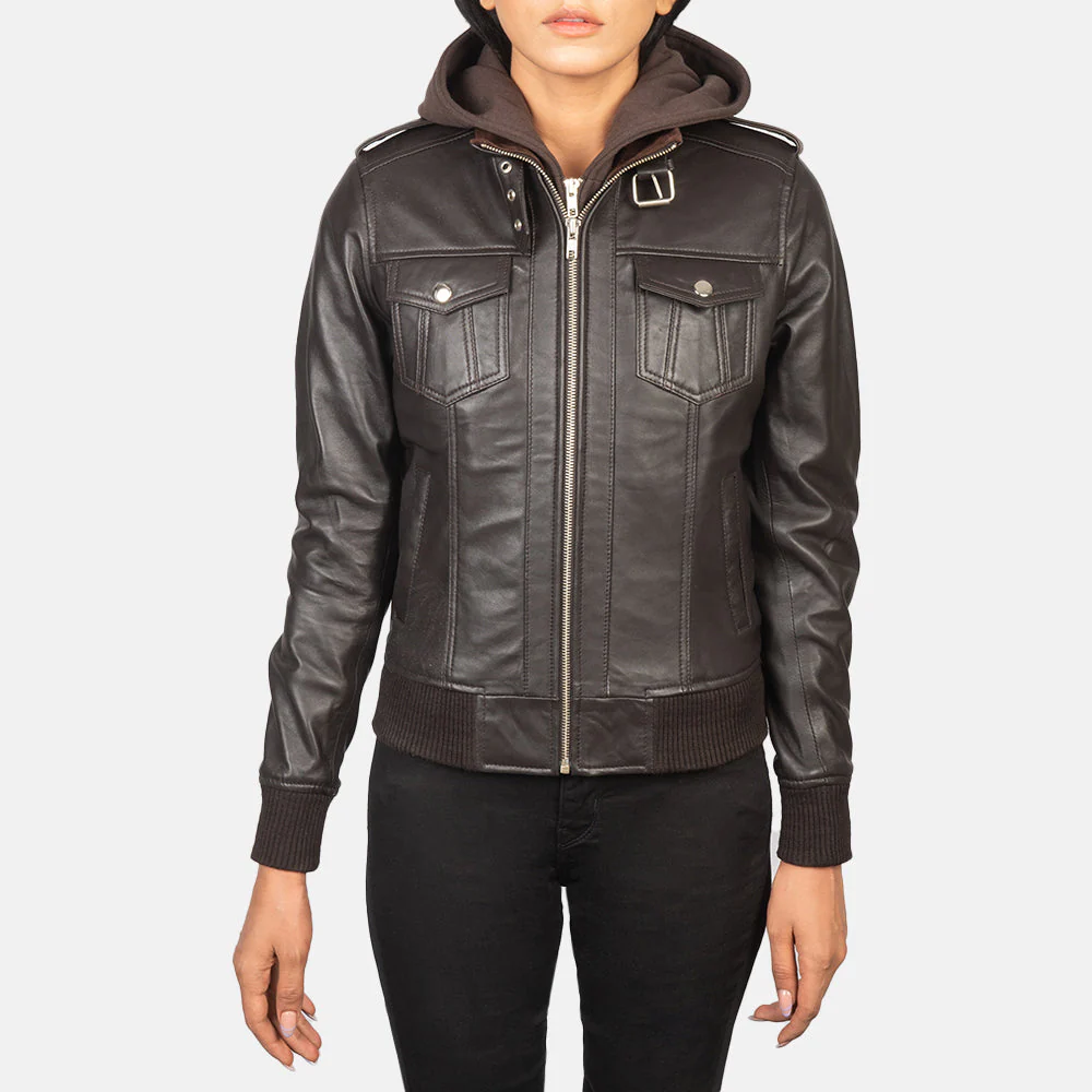 Womens Leather Bomber Jackets Women's Brown Hooded Leather