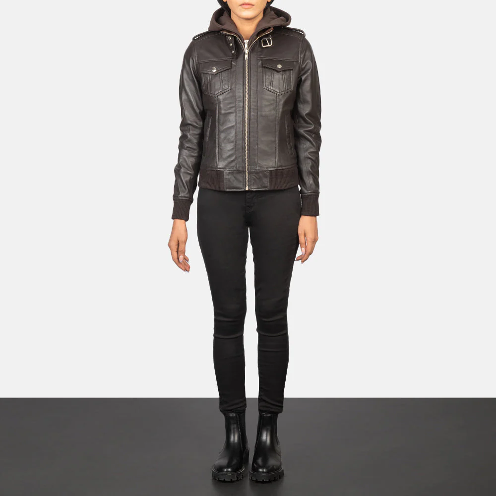 Women's Brown Hooded Leather Bomber Jacket - Image 5
