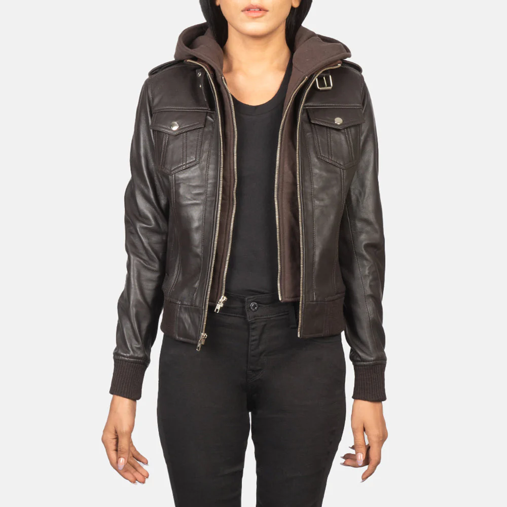 Women's Brown Hooded Leather Bomber Jacket - Image 4