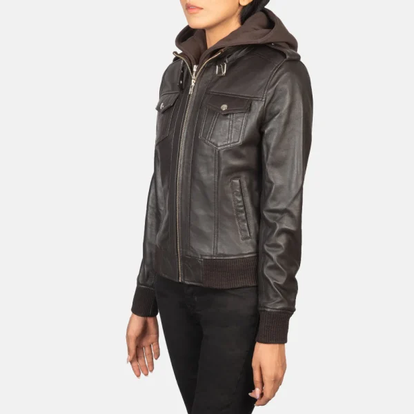 Women's Brown Hooded Leather Bomber Jacket - Image 3