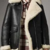 Women's Aviator Ivory Shearling Black Leather Jacket - Image 2