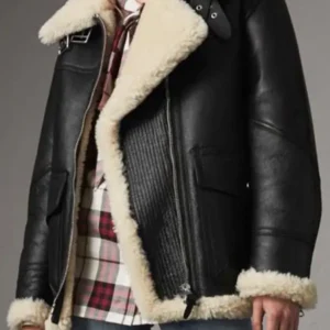 Women's Aviator Ivory Shearling Black Leather Jacket