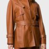 Women's Brown Mid Length Leather Trench Coat - Image 2