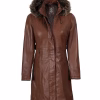Women's Prato Hooded Brown Leather Coat