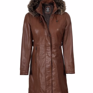 Women's Prato Hooded Brown Leather Coat