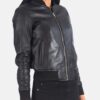 Women's Fancy Leather Black Bomber Jacket - Image 3