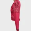 Women's Golden Studded Pink Biker Leather Jacket - Image 2