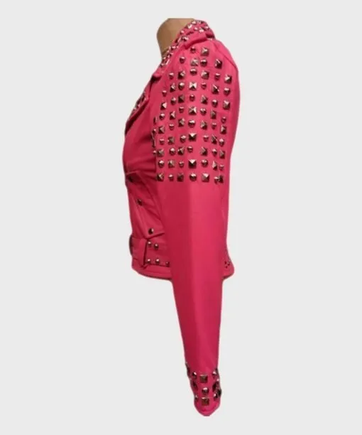Women's Golden Studded Pink Biker Leather Jacket - Image 2