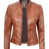 Womens Slim Fit Waxed Leather Jacket Tan Brown