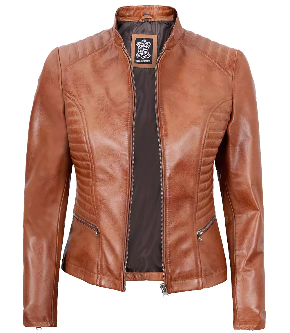 Womens Slim Fit Waxed Leather Jacket Tan Brown