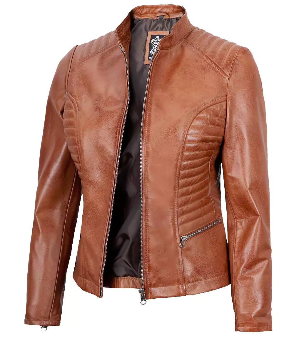 Womens Slim Fit Waxed Leather Jacket Tan Brown
