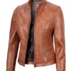 Womens Slim Fit Waxed Leather Jacket Tan Brown Orange - Image 6
