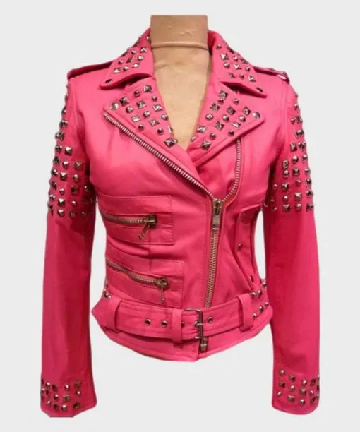 Women's Golden Studded Pink Biker Leather Jacket