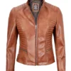 Womens Slim Fit Waxed Leather Jacket Tan Brown