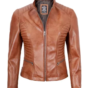 Womens Slim Fit Waxed Leather Jacket Tan Brown