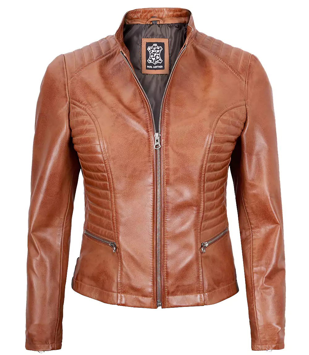 Womens Slim Fit Waxed Leather Jacket Tan Brown