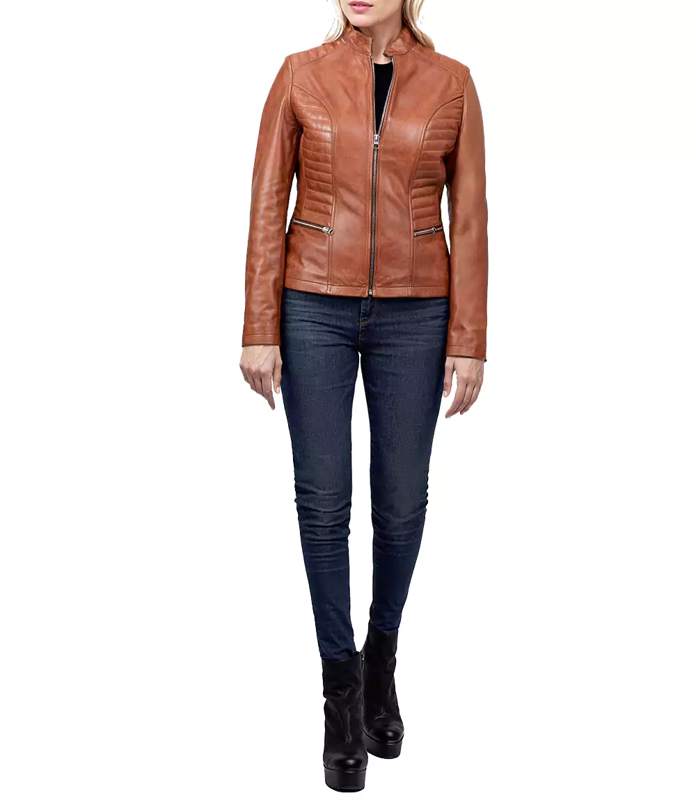 Womens Slim Fit Waxed Leather Jacket Tan Brown