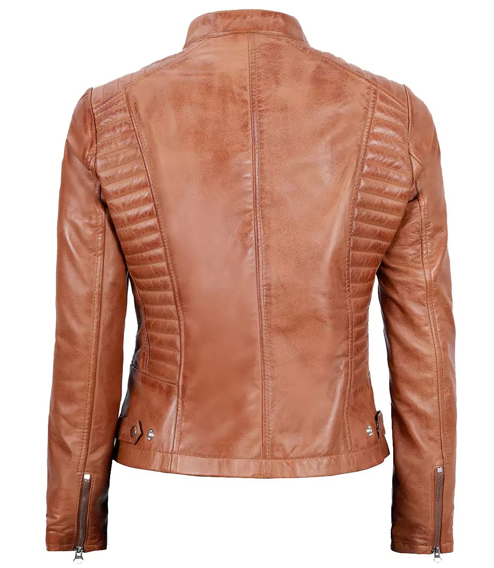 Womens Slim Fit Waxed Leather Jacket Tan Brown