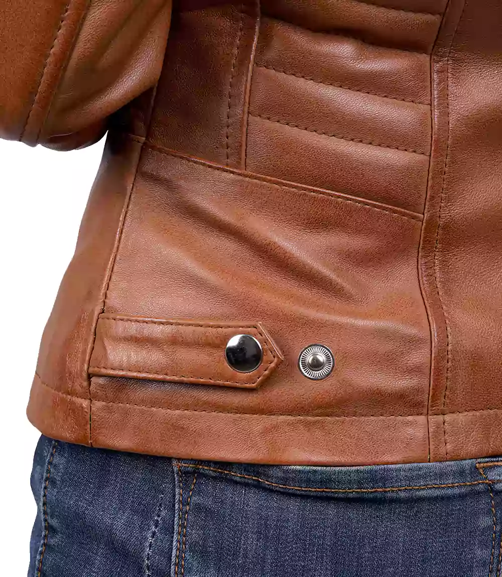 Womens Slim Fit Waxed Leather Jacket Tan Brown