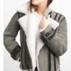Women's Shearling Grey Motorcycle Leather Jacket - Image 2