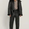 Womens Sheepskin Long Collar Black Leather Jacket