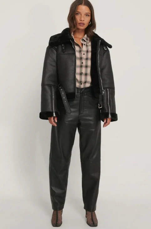 Womens Sheepskin Long Collar Black Leather Jacket