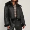 Womens Sheepskin Long Collar Black Leather Jacket