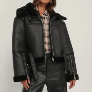 Womens Sheepskin Long Collar Black Leather Jacket