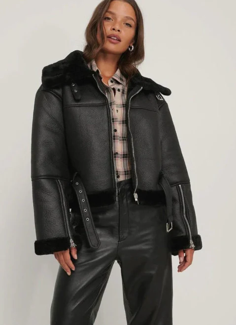 Womens Sheepskin Long Collar Black Leather Jacket