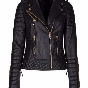 Womens Slim Fit Leather Motorcycle Jacket Black Studded