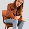 Womens Brown Studded Biker Leather Jacket - Image 2