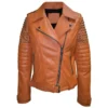 Womens Moto Biker Brown Studded Leather Jacket