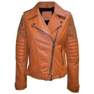 Womens Moto Biker Brown Studded Leather Jacket