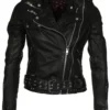 Womens Waxed Sheepskin Leather Biker Jacket Black